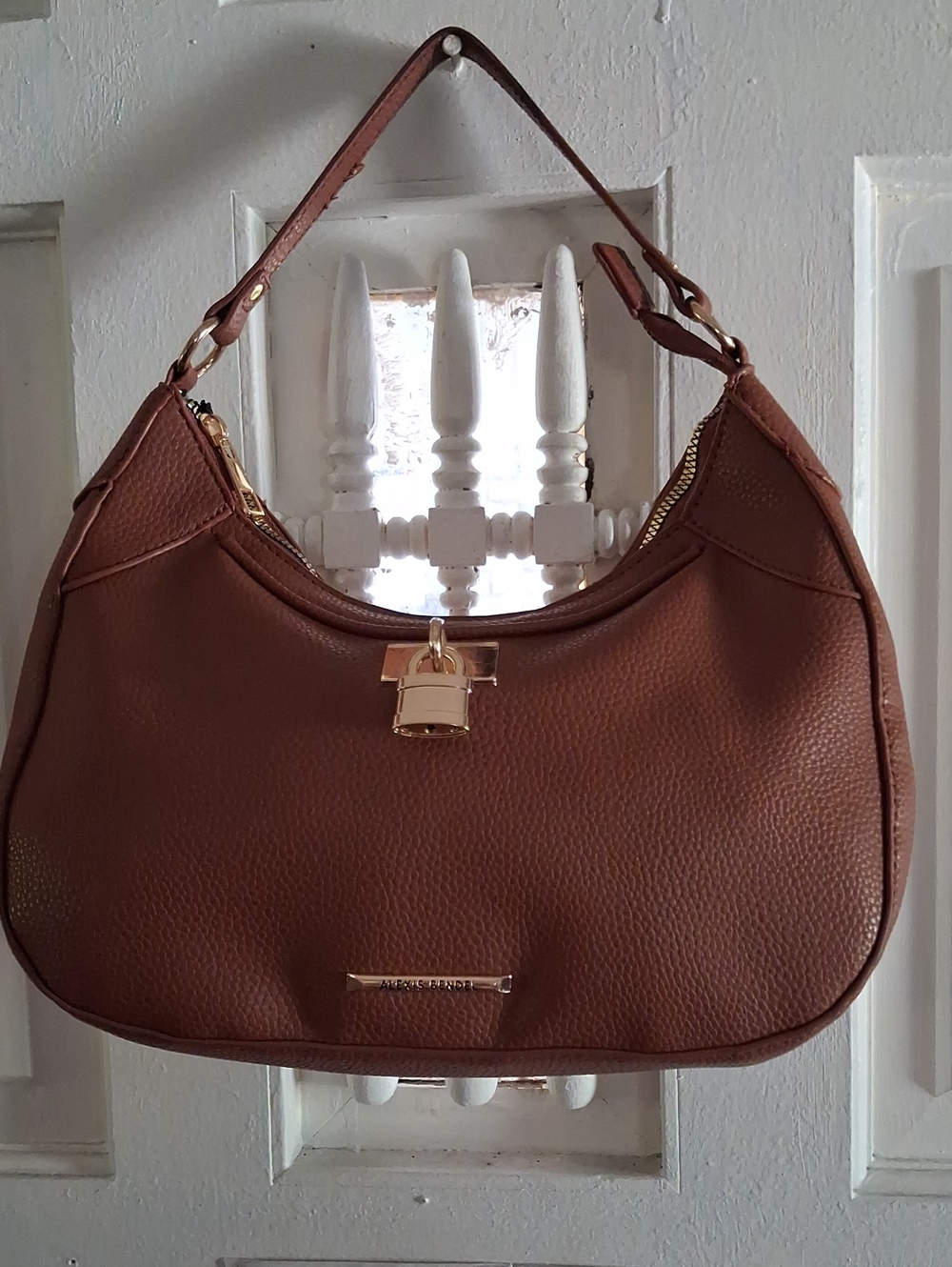 Brown Leatherette Shoulder Hobo Bag with Gold Accent